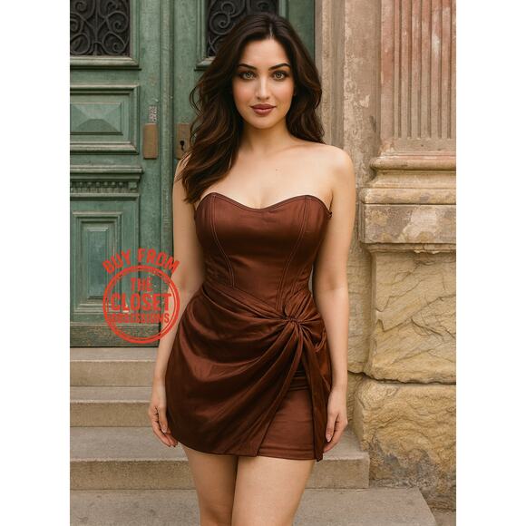 ZARA Strapless Satin Short Dress NWT Brown Size L - Picture 3 of 16